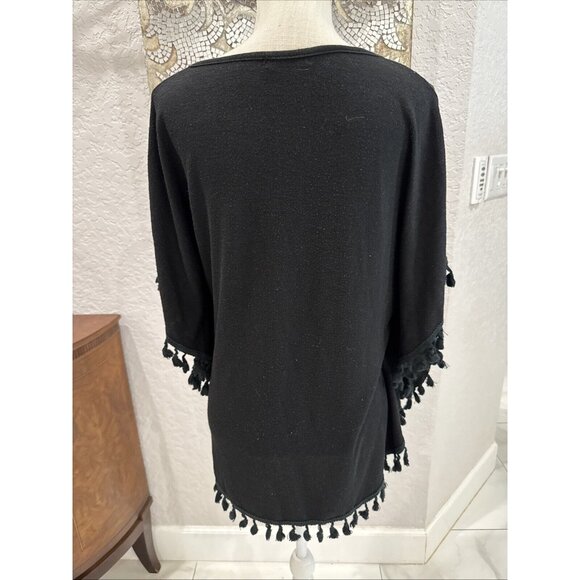 Paris El Moi Collection Black Tassel-Trim Poncho S/M Lightweight - Picture 4 of 8